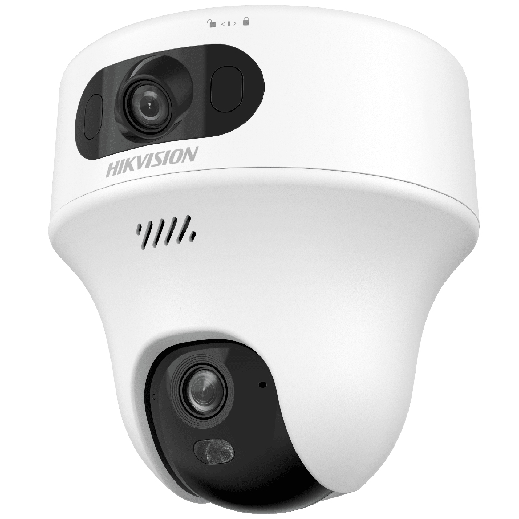 Turret PT IP de doble lente de 6 Megapixel / Lente 2.8 mm / Dual Light (20 mts IR + 15 mts Luz Blanca) / Wi-Fi / IP54 / dWDR / H.265 / Audio Bidireccional (Micrófono y Bocina) - HIKVISION DS-2CFWQ6-D