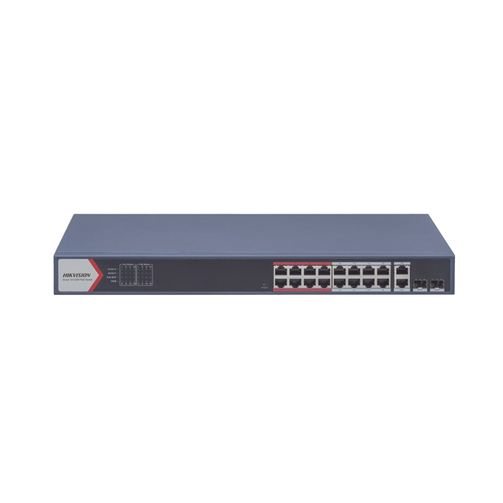 Switch PoE+ / Monitoreable / 16 puertos 10/100 Mbps PoE+ / 2 Puertos 1000 Mbps Uplink / 2 Puertos SFP de Uplink /  Configuracion Nube Hik-Partner Pro / Modo Extendido hasta 300 metros / 230 W