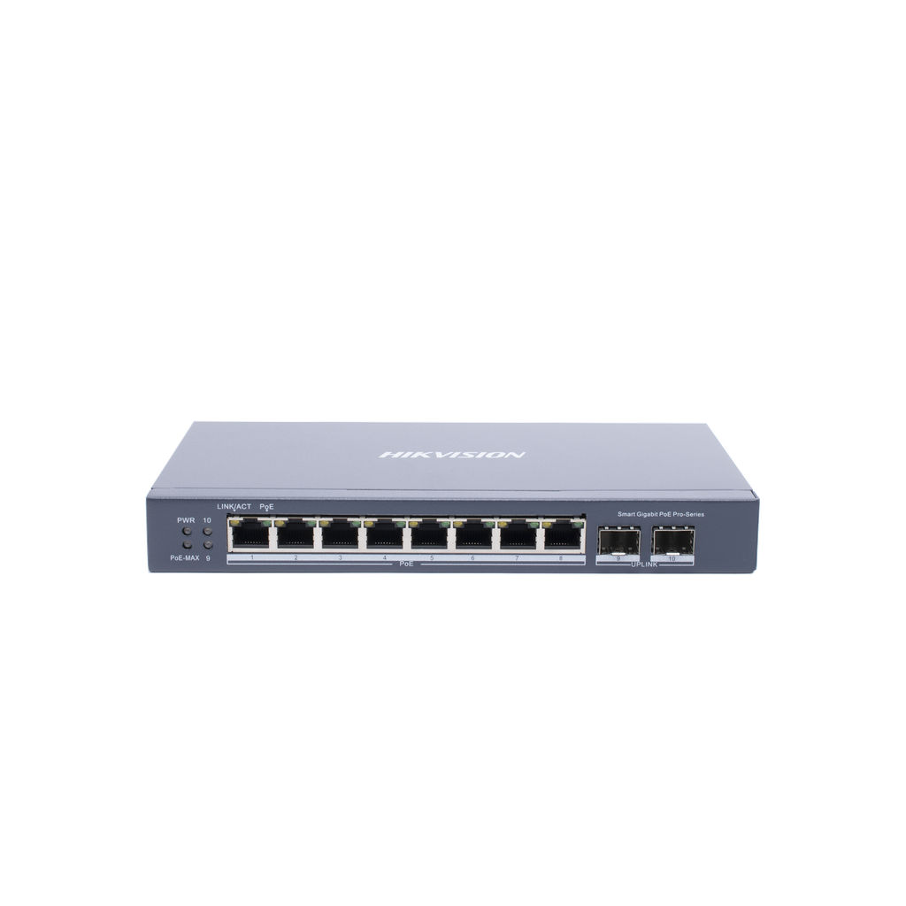 Switch Gigabit PoE+ / Administrable / 8 Puertos Gigabit PoE+ / 2 Puertos SFP / Configuracion Nube Hik-Partner Pro / Modo Extendido hasta 300 Metros / 110 W