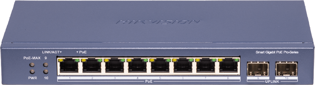 Switch PoE+ / Administrable / Uso en Rack / 8 Puertos 10/100 PoE+ /  2 Puertos 1000 Mbps Uplink  / 2 Puertos SFP / Configuracion Nube desde Hik-PartnerPro / Modo Extendido hasta 300 Metros / 125 W