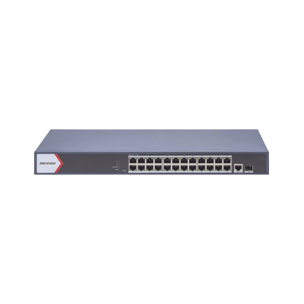 Switch Gigabit PoE+ / Administrable / 24 Puertos 1000 Mbps PoE+ / 1 Puerto 1000 Mbps Uplink  / 1 Puertos SFP Uplink / Configuracion Nube Hik-Partner Pro / Modo Extendido hasta 300 Metros / 230 W