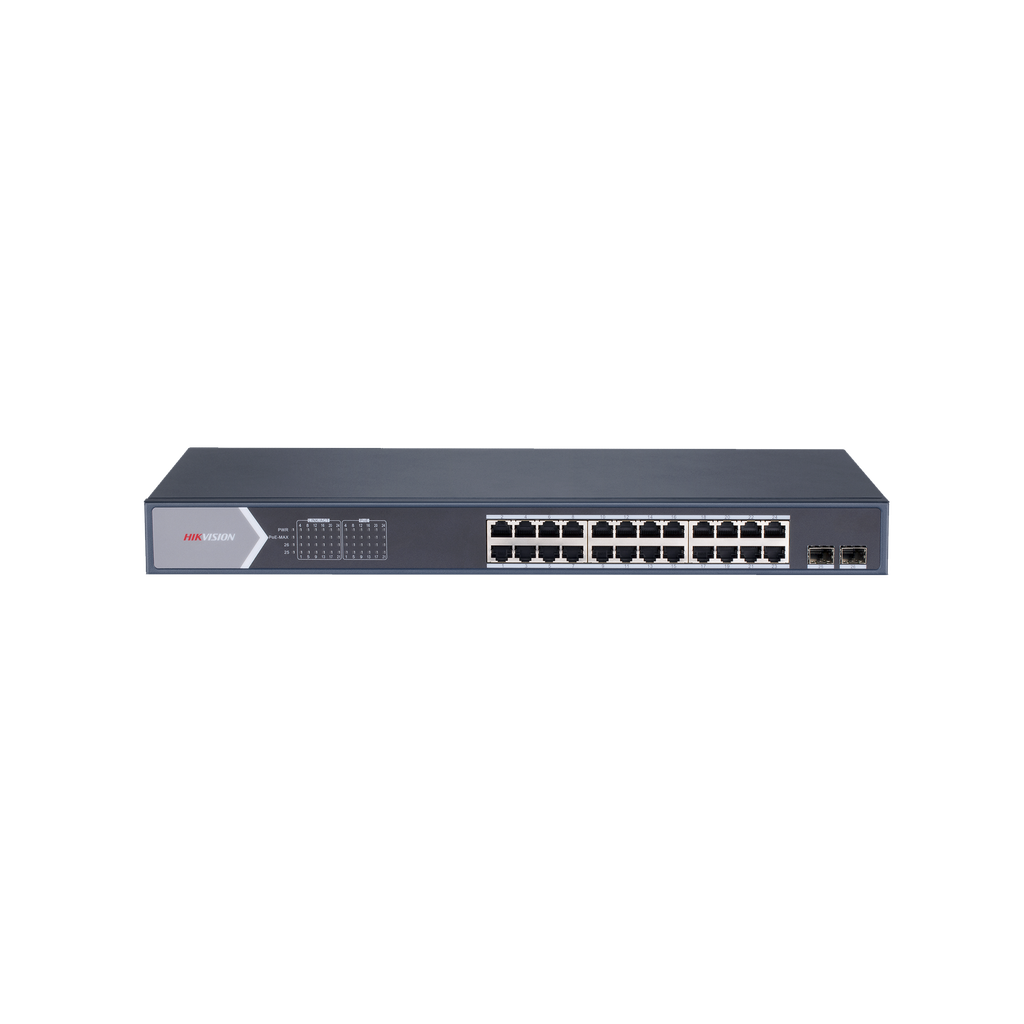 Switch Gigabit PoE+ / Administrable / 24 Puertos 1000 Mbps PoE+ / 2 Puertos SFP / Configuracion Remota desde Hik-PartnerPro / PoE Extendido 250 Metros / 370 Watts