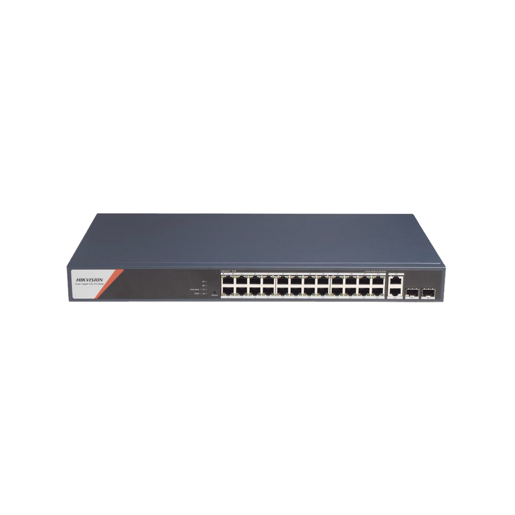 Switch Gigabit PoE+ / Administrable / 24 Puertos 1000 Mbps PoE+ (4 Puertos PoE++ 90 W) / 2 Puertos 1000 Mbps de Uplink / 2 Puertos SFP / Configuracion Nube Hik-PartnerPro / Modo Extendido hasta 300 Metros / 370 W