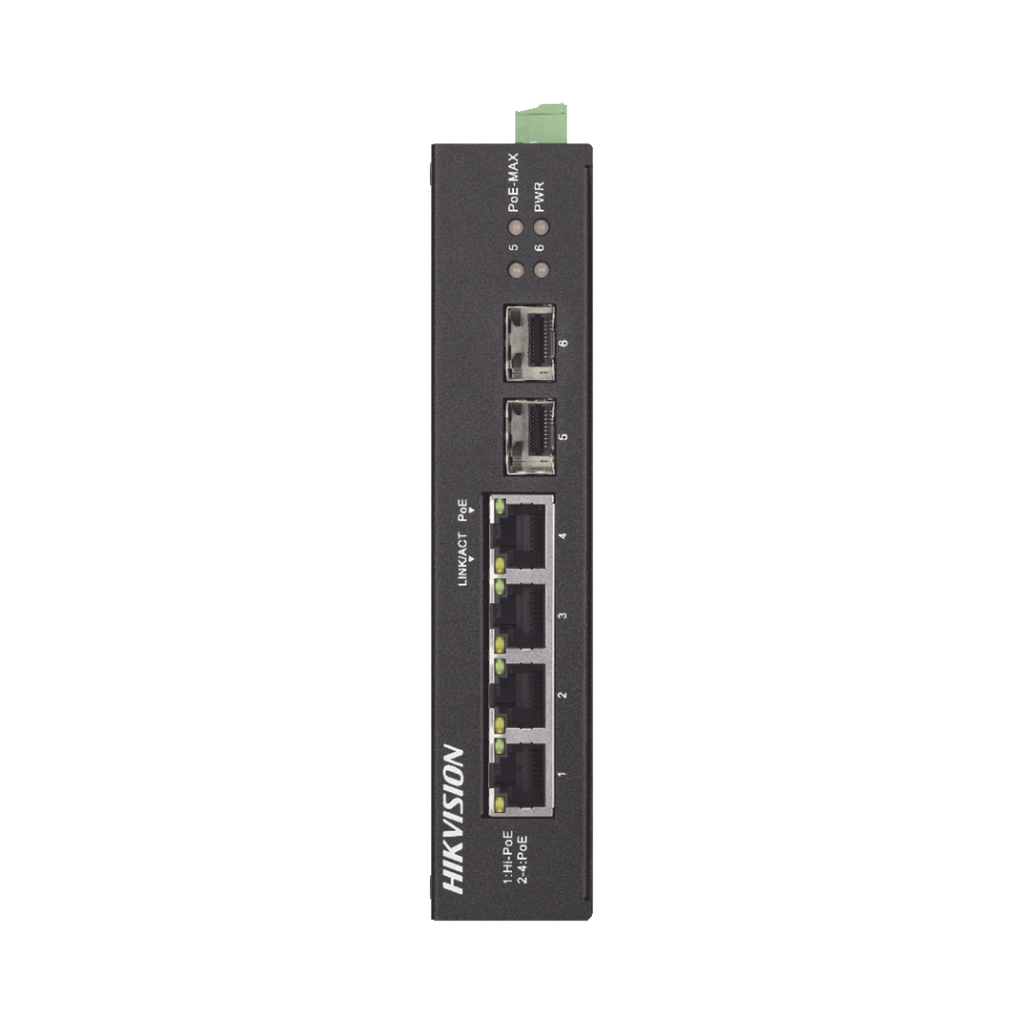 Switch Industrial No Administrable Gigabit / 3 Puertos Gigabit PoE+ (30 W) + 1 Puerto Gigabit PoE++ (60 W) / 2 Puertos SFP / 65 W Total / 48 a 57 VCD / Ideal para Proyectos / 300 Metros de Distancia - HIKVISION DS-3T0506HP-E-HS