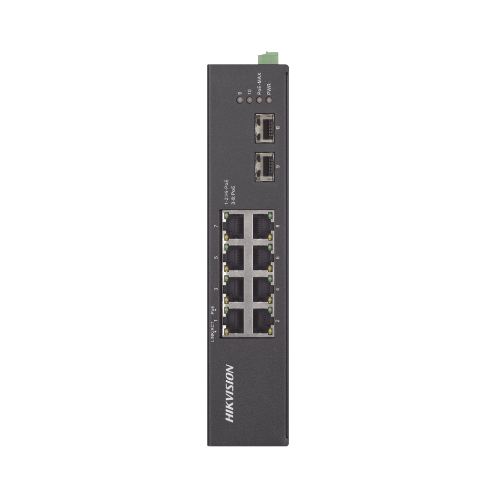Switch Industrial No Administrable Gigabit / 6 Puertos Gigabit PoE+ (30 W) + 2 Puertos Gigabit PoE++ (60 W) / 2 Puertos SFP / 120 W Total / 48 a 57 VCD / Ideal para Proyectos / 300 Metros de Distancia - HIKVISION DS-3T0510HP-E-HS