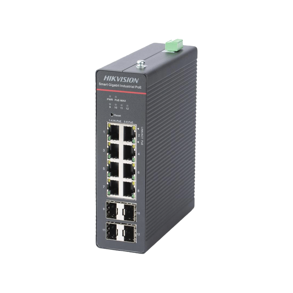 Switch Gigabit PoE+ / Industrial / Administrable / 4 Puertos Gigabit PoE+ (90 W) + 4 Puertos Gigabit PoE+(30 W) / 4 Puertos Gigabit SFP / 300 W Total / 48 a 57 VCD / Ideal para Proyectos / 300 Metros de Distancia - HIKVISION DS-3T1512HP-SI-8P4F