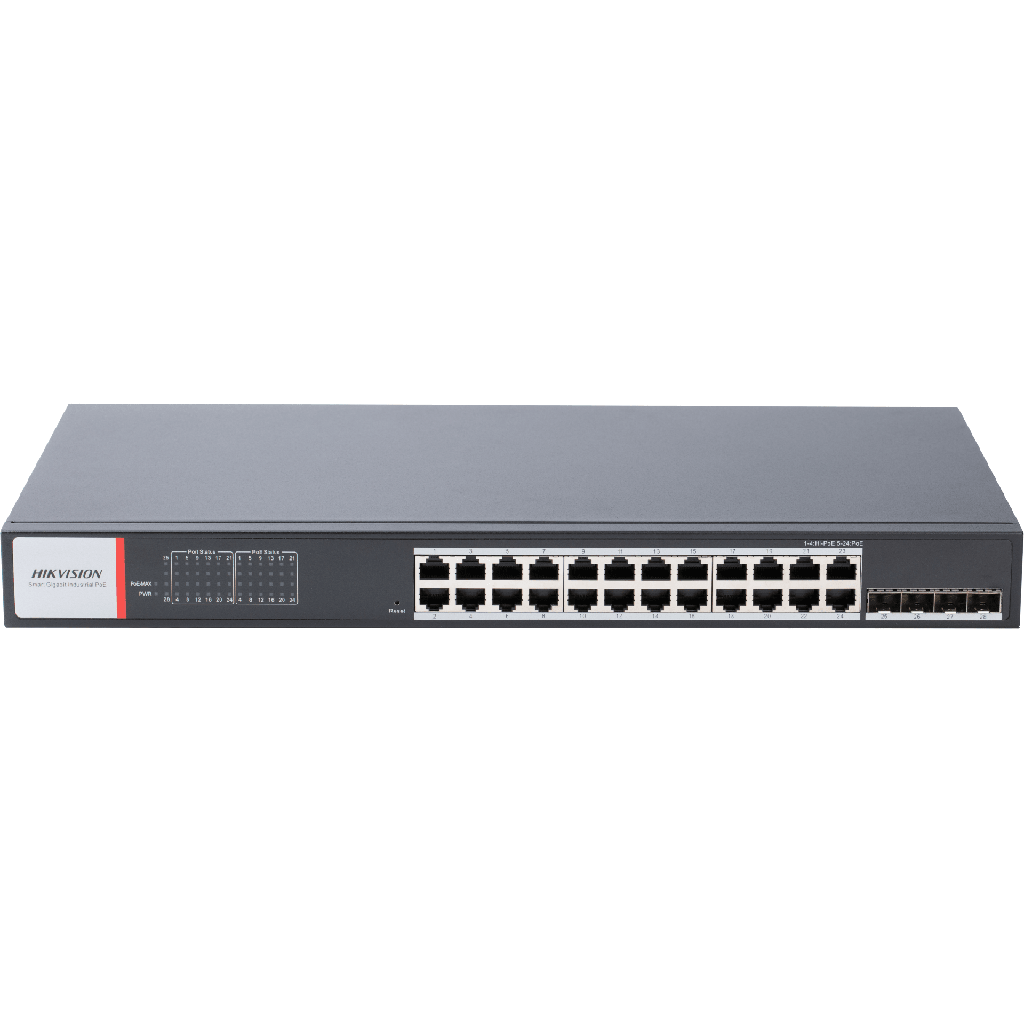 Switch Gigabit PoE+ / Administrable / 24 Puertos 1000 Mbps PoE+ / 4 Puertos SFP / Configuracion Nube Hik-PartnerPro / Modo Extendido hasta 300 Metros / 370 W