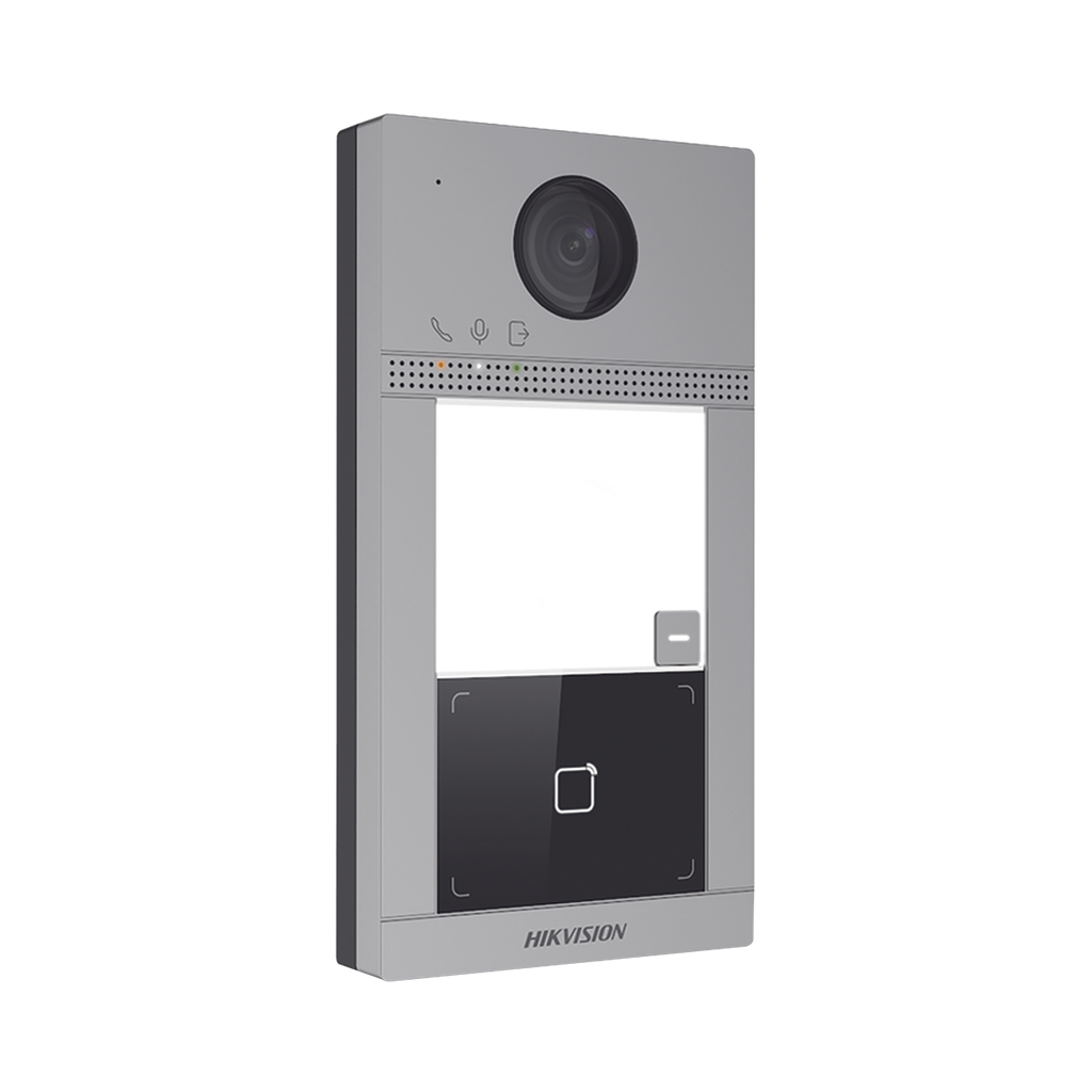 Videoportero IP 2 Megapixel / Llamada y Apertura Remota desde App Hik-Connect / PoE / Exterior IP65 + Antivandalico IK08 / 1 Departamento / Apertura con Tarjeta / Soporta 2 Puertas y hasta 6 Monitores