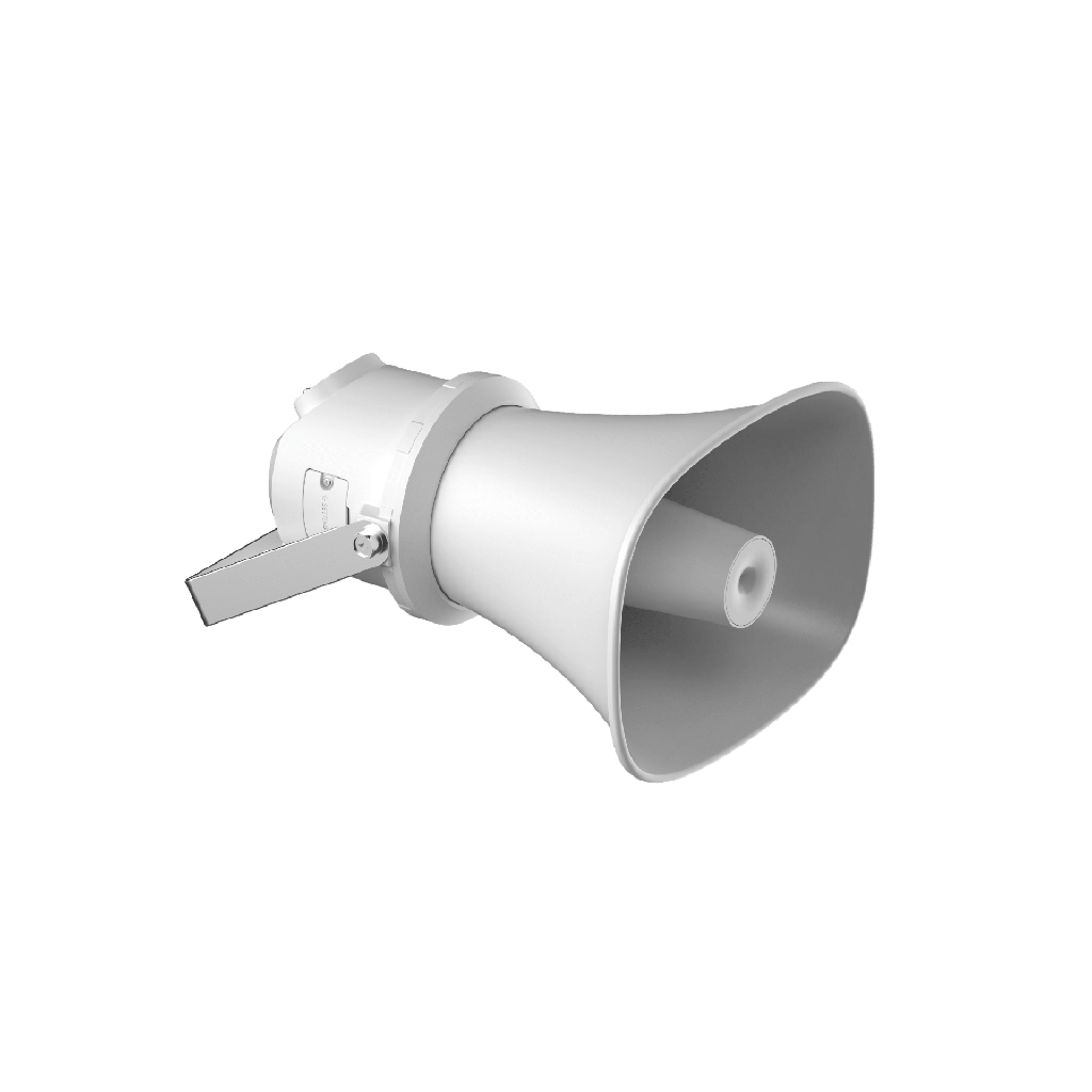 Altavoz IP Tipo Trompeta | 7 Watts | PoE+ | Integracion con Hik-Central Professional | Reproduccion de Audio via Red | IP67 | Salida de 12 VCD | Metal | compatible con Hik-Connect