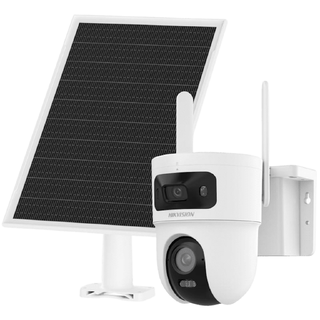 Kit Solar IP All in One Doble Lente / AOV / PT IP 4 Megapixel Lente 4 mm / Fijo 4 Megapixel Lente 2.8 mm / Panel Solar + Bateria de Respaldo de Litio (9000 mAh) / Conexion 4G / Audio de Dos Vias / Dual Light / IP66 / Micro SD