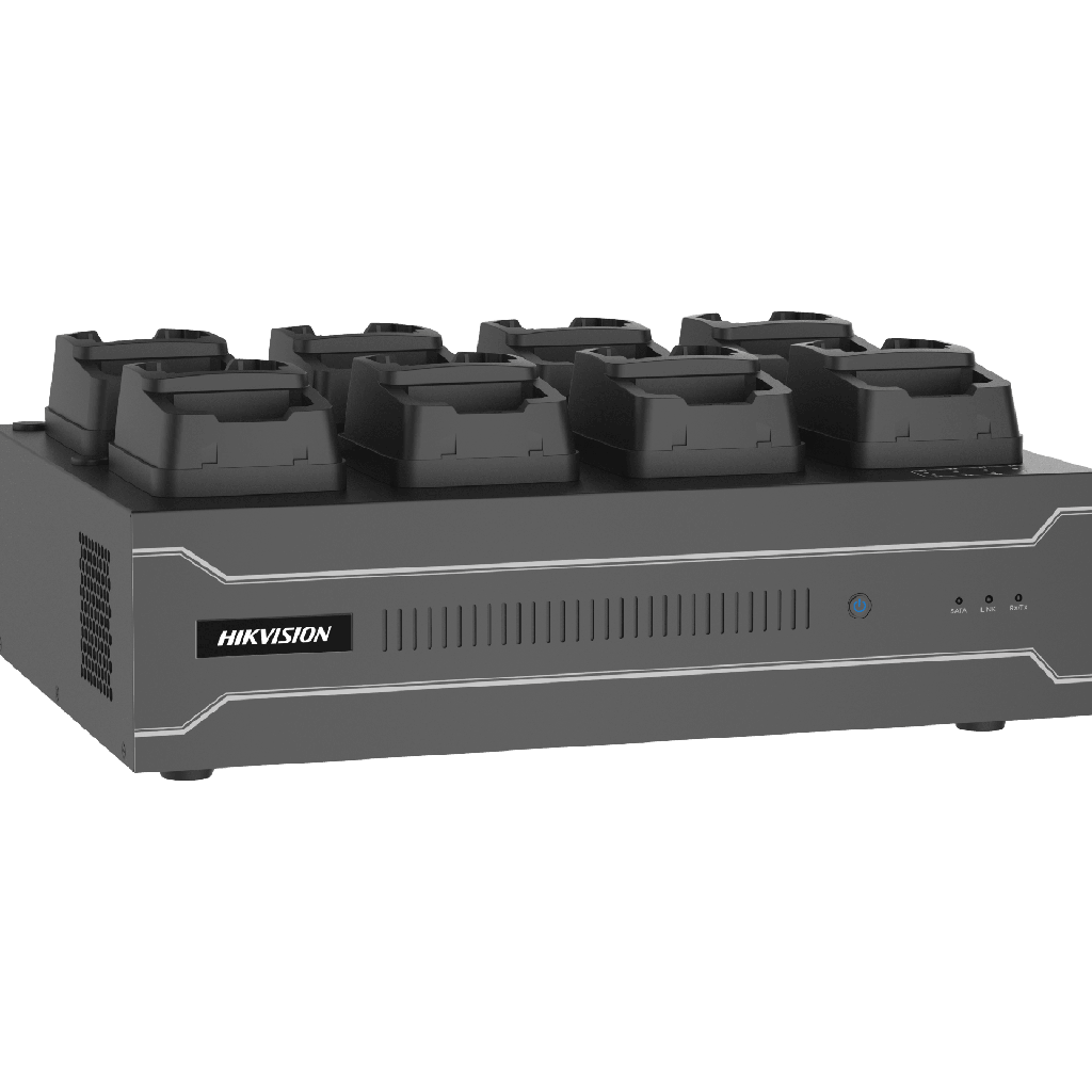 Dock Station de Escritorio con 8 Estaciones de Carga para Body Cams / Doble Interfaz de Red / 4 Bahías de HDD / Carga y Respaldo Automático / Prevención de Pérdida de Datos / Cobertura Cíclica / Reproducción d - HIKVISION DSMDS001-2T-8(B)(MCW409)