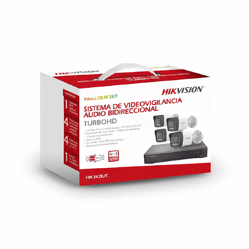 [Dual Light] Kit TurboHD 3K (5 Megapixel Real) / DVR 4 Canales / 4 Cámaras bala Dual Light / Audio bidireccional / Accesorios de Interconexión / Fuente de Poder - HIKVISION HIK3KDL-T