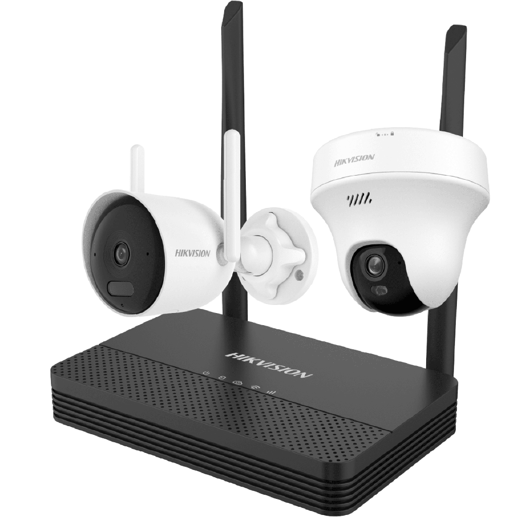 Kit IP Inalámbrico 4 Megapixel / NVS 4 Canales / 1 Cámara Bala Exterior + 1 Cámara Turret Interior con Lente 2.8 mm y Dual Light / Audio Bidireccional (Micrófono y Bocina) / Soporta Micro SD de 512 GB - HIKVISION NKS4245WBTH