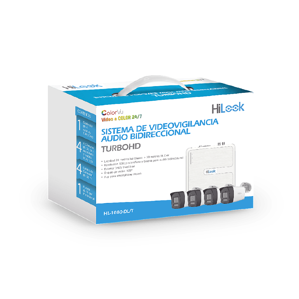 KIT TurboHD 1080p / DVR 4 canales / 4 Camaras Bala de Metal / H.265+ / 1 Fuente de Poder Profesional / Accesorios de Instalacion