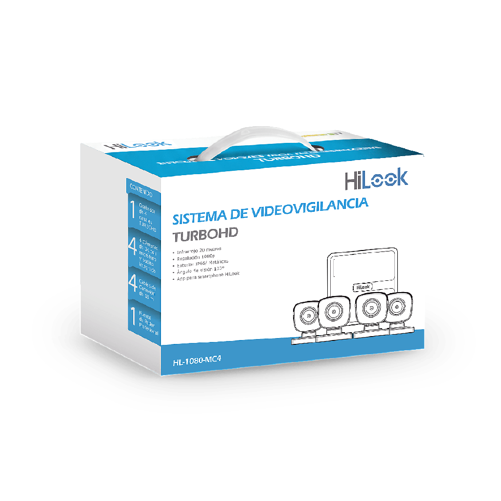 KIT TurboHD 1080p / DVR 4 canales / 4 Cámaras Bala de Metal / H.265+ / 1 Fuente de Poder Profesional / Accesorios de Instalación - HiLook by HIKVISION HL-1080-MC4