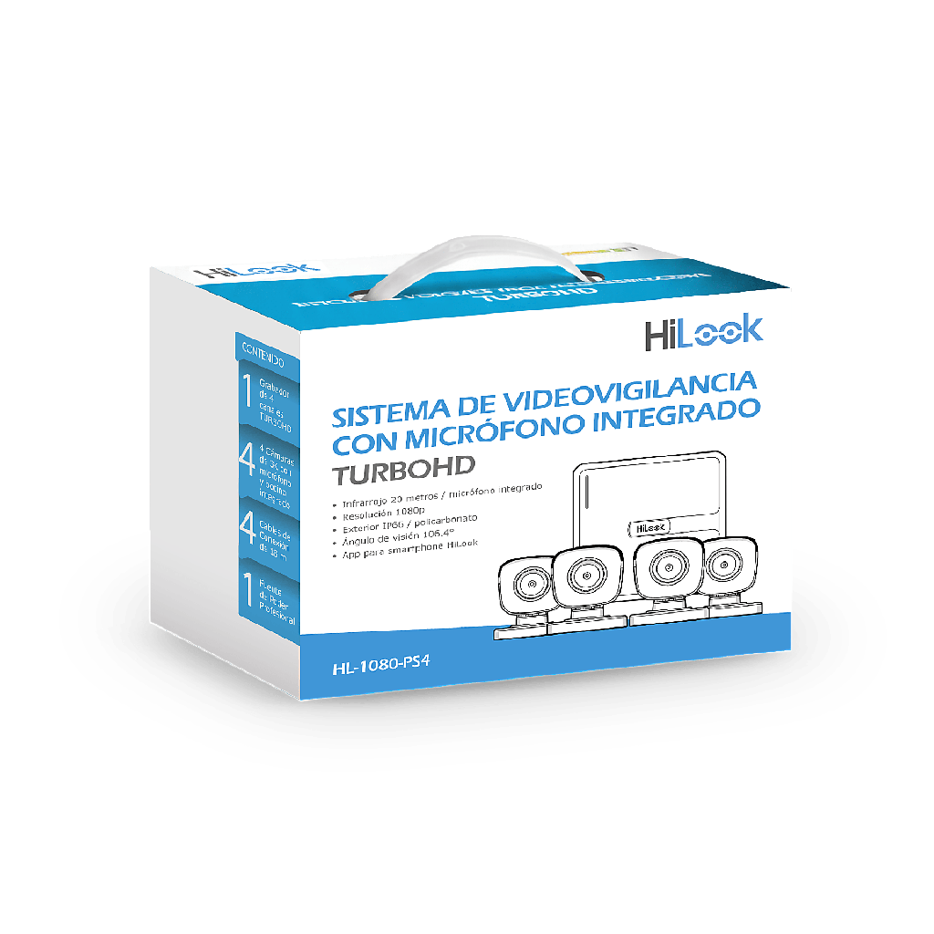(MICRÍ“FONO Integrado) Kit TurboHD 1080p Lite / DVR 4 canales / Audio por Coaxitron / 4 Cámaras Bala de Policarbonato con Micrófono Integrado - HiLook by HIKVISION HL-1080-PS4