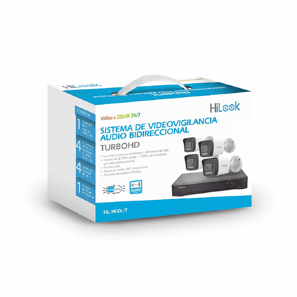 [Dual Light] Kit TurboHD 3K (5 Megapixel Lite) / DVR 4 Canales / 4 Camaras bala Dual Light / Audio bidireccional / Accesorios de Interconexion / Fuente de Poder