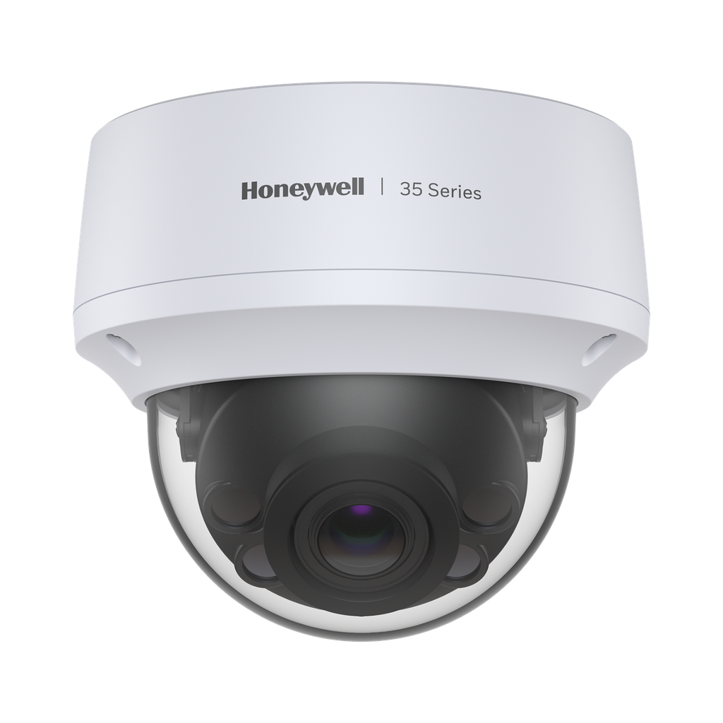 Domo IP 5 Megapixel / Lente Mot. 2.7 a 13.5 mm / 50 mts IR / Ultra Baja Iluminación / NDAA / ONVIF / IP67 / IK10 / H.265 / IA (Filtro de Humanos y Vehiculos) / Merodeo / Conteo de Personas / PoE / Audio y Alarmas I/O / Serie 35 - HONEYWELL HC35W45R2