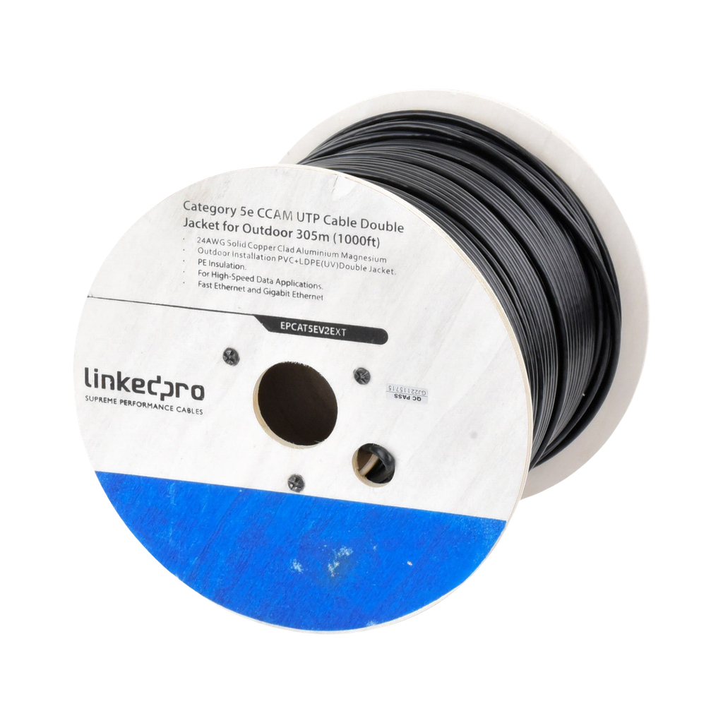 Bobina de Cable de 305 Metros (1000 Pies) Cat5e, Aleacion de Cobre y Aluminio (CCA), Color Negro, Uso Intemperie, Doble Forro