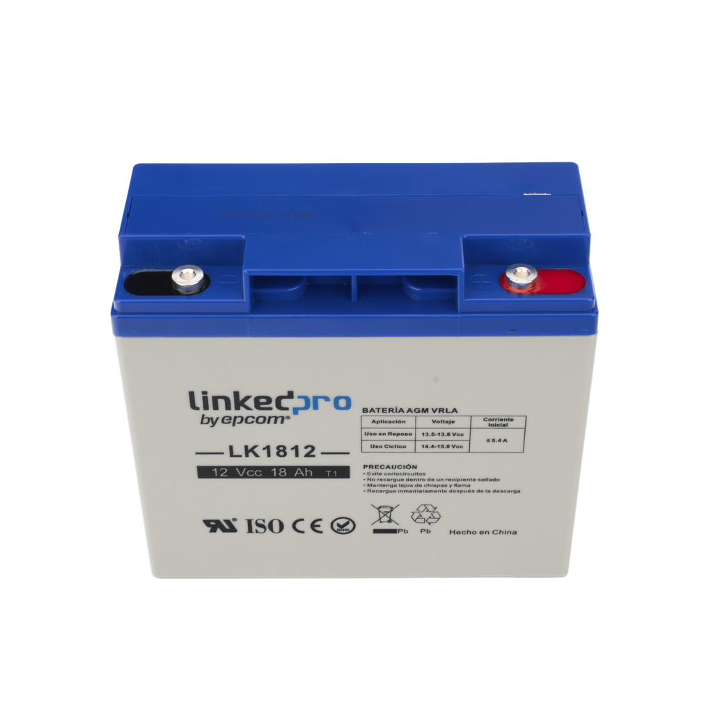Batería 12 V / 18 Ah / UL / Tecnología AGM / Vida útil promedio de 5 años / Para uso en equipo electrónico, Alarmas de Intrusión / Incendio/ Control de acceso / Video Vigilancia / Terminales T1 - LINKEDPRO BY EPCOM LK1812