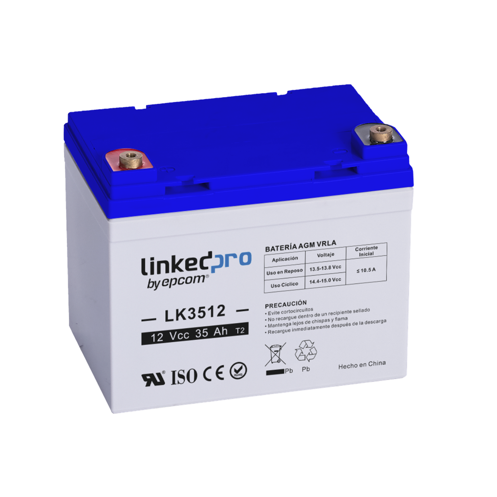 Bateria 12 V / 35 Ah / UL / Tecnologia AGM / Vida util promedio de 5 aÒos / Para uso en equipo electronico, Alarmas de Intrusion / Incendio / Control de acceso / Video Vigilancia / Terminales T1