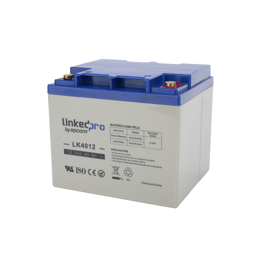 Bateria 12 V / 40 Ah / UL / Tecnologia AGM / Para uso en equipo electronico, Alarmas de Intrusion / Incendio/ Control de acceso / Video Vigilancia / Terminales T2