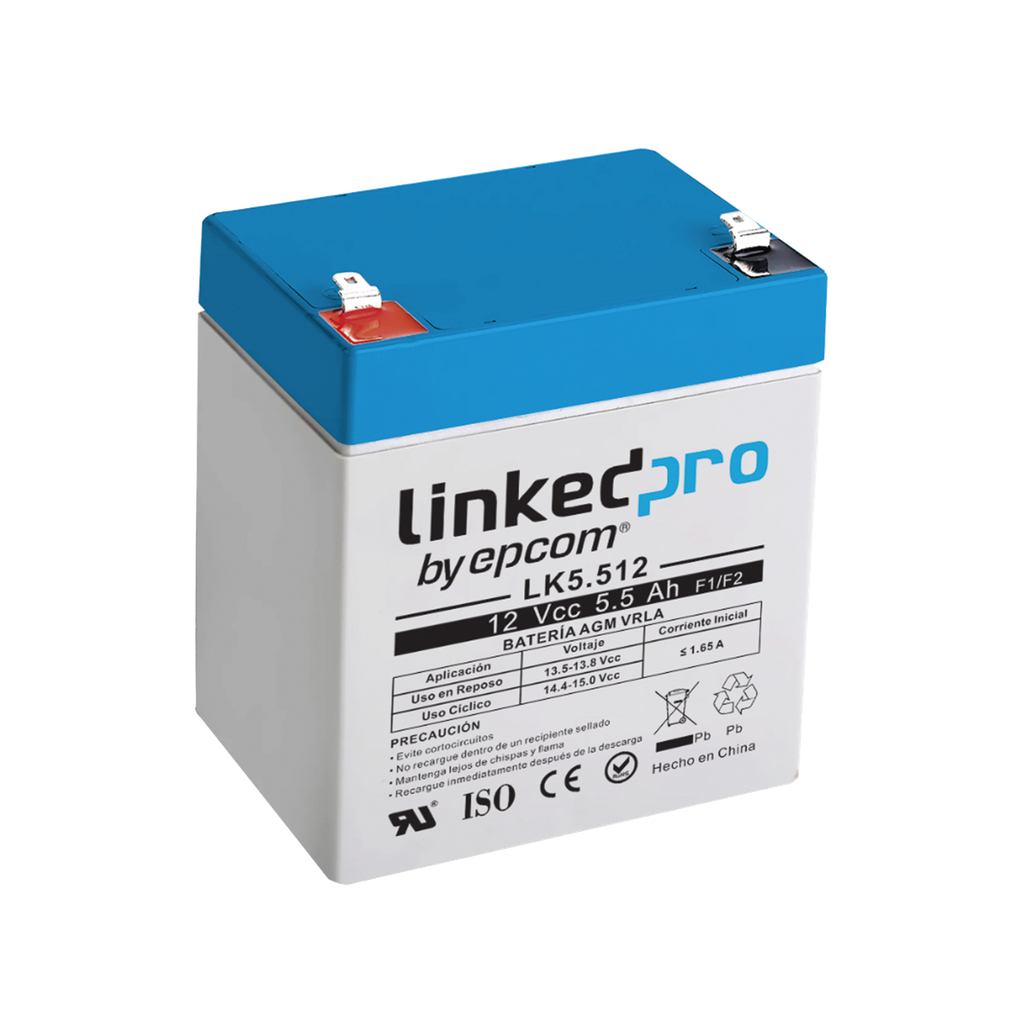 Bateria 12 V / 5.5 Ah / UL / Vida util promedio 5 aÒos / Tecnologia AGM / Para uso en equipo electronico, Alarmas de Intrusion / Incendio/ Control de acceso / Video Vigilancia / Terminales F1 ( Incluye adaptador F