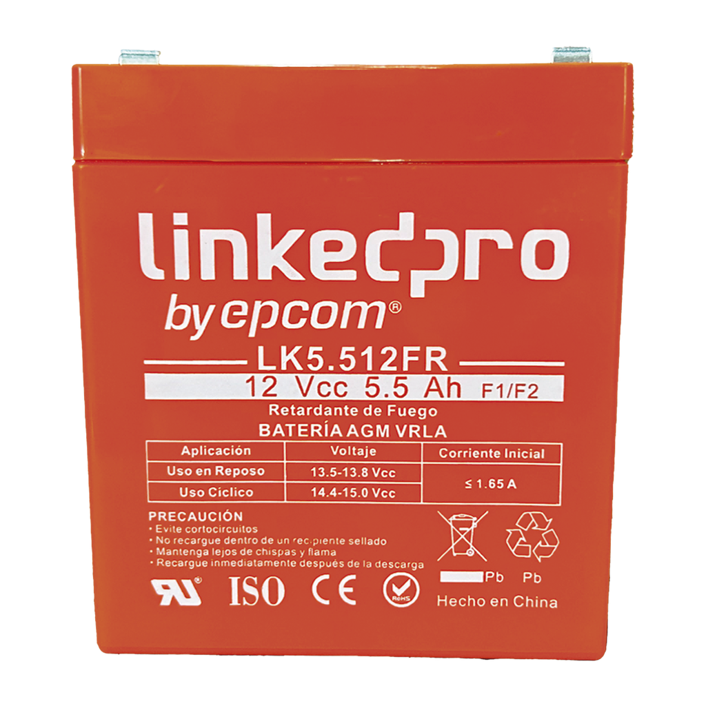 Bateria 12 V / 5.5 Ah / UL / Tecnologia AGM / Vida util promedio de 5 aÒos / Retardante a la Flama / Para uso en equipo electronico, Alarmas de Intrusion / Incendio/ Control de acceso / Video Vigilancia / Incluye