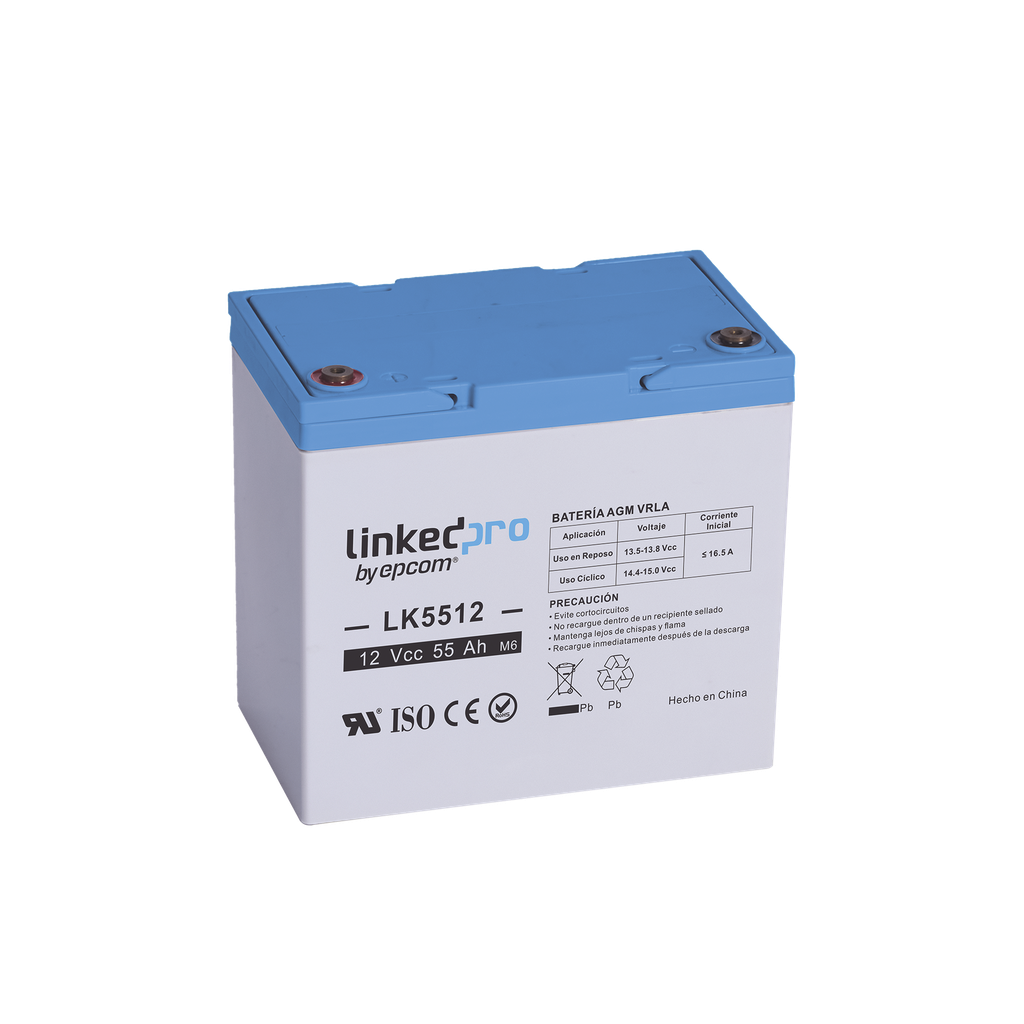 Bateria 12 V / 55 Ah / UL / Tecnologia AGM / Vida util promedio de 5 aÒos / Para uso en equipo electronico, Alarmas de Intrusion / Incendio/ Control de acceso / Video Vigilancia / T2