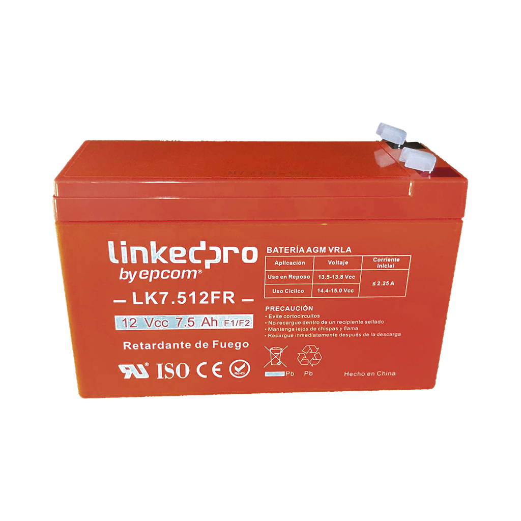 Bateria 12 V / 7.5 Ah / UL / Tecnologia AGM / Vida util promedio de 5 aÒos / Retardante a la Flama / Para equipo electronico, Alarmas de Intrusion / Incendio/ Control de acceso / Video Vigilancia / Incluye adaptad