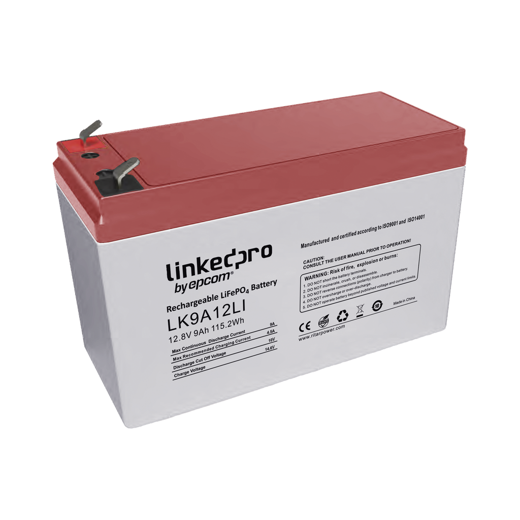 Batería de Litio 12.8 Vcc / 9 Ah / Tecnología LiFePO4 /2000 Ciclos de Vida/ Para uso en equipo electrónico, UPS (litio) / Incendio/ Control de acceso / Video Vigilancia / Terminales F1 ( Incluye adaptador para terminal F2 ) - LINKEDPRO BY EPCOM LK9A12LI