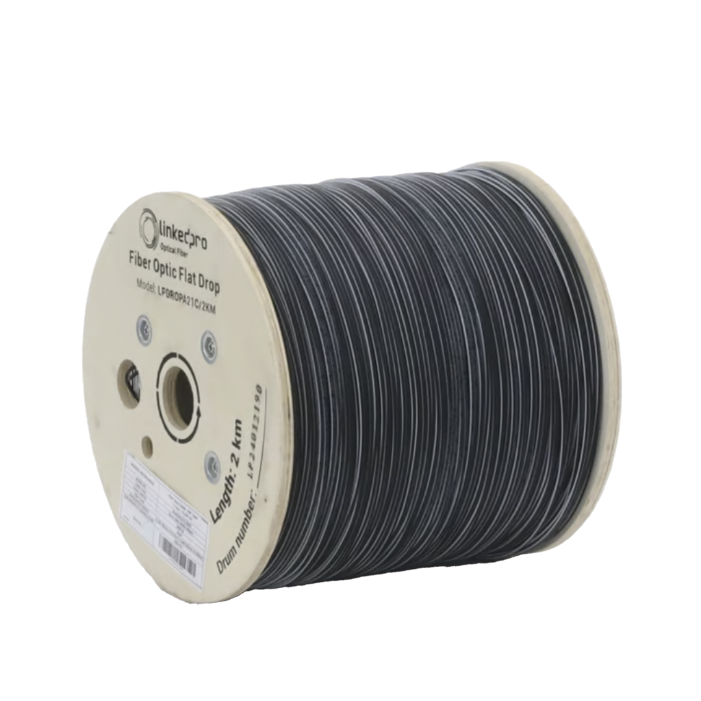 Carrete de 2 Kilometros de Fibra optica Drop Plana, Interior/Exterior G.657A2 Monomodo de 1 Hilo (Unifibra), DielÈctrica, Forro Negro, Compatible con Conectores FASC, FASCUP, FASCLC