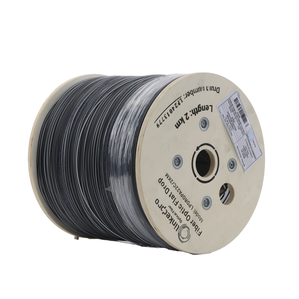 Carrete de 2 km de Fibra Óptica Drop Plana, Interior/Exterior G.657A2 Monomodo de 2 Hilos (Bifibra), Dieléctrica, Forro Negro, (No Soporta Conectores Mecánicos) - LINKEDPRO BY EPCOM LPDROPA22C-2KM