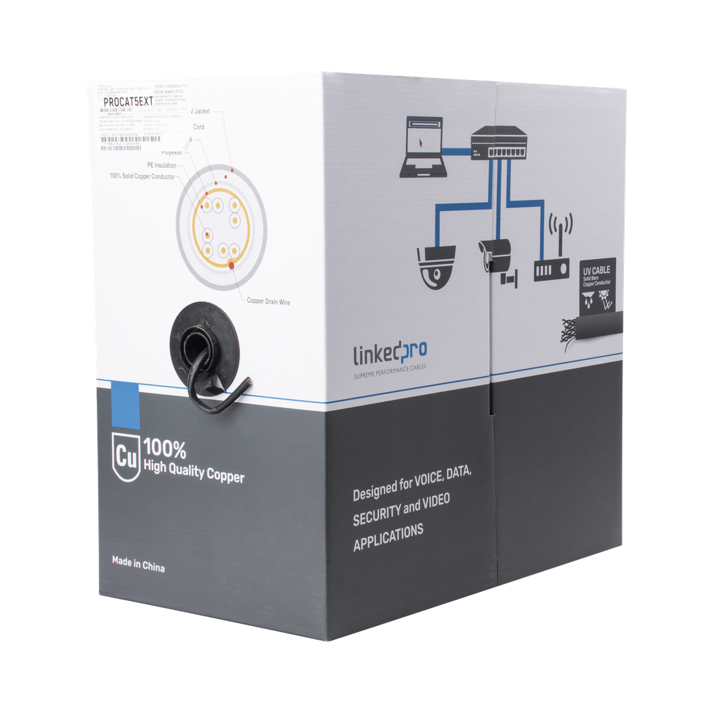 Bobina de Cable de 305 Metros (1000 Pies), Cat5e, FTP, Blindado, Color Negro, UL, para Aplicaciones en Video Vigilancia, Redes de Datos. Uso en Intemperie - LINKEDPRO BY EPCOM PRO-CAT-5-EXT