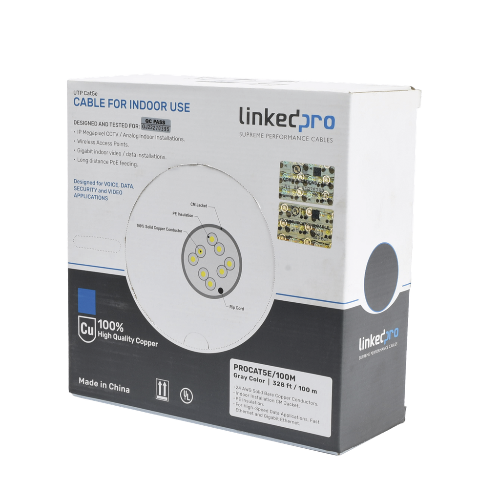 Cable Cat5e de Alto Rendimiento, con Certificaciones ETL, UL, Color Gris, de 100 Metros (328 Pies) para Aplicaciones en CCTV, Redes de Datos. Uso Interior.
