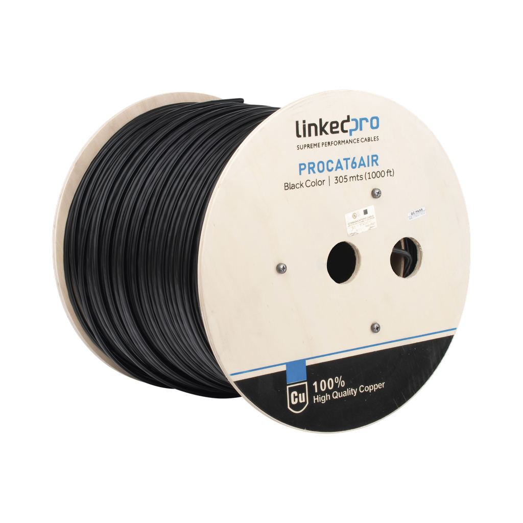 Bobina de Cable FTP con Mensajero de Acero de 305 Metros (1000 Pies) Cat6+ Calibre 23, Color Negro, para Aplicaciones en Video Vigilancia y Redes de Datos / Uso en Intemperie y Aplicaciones AÈreas