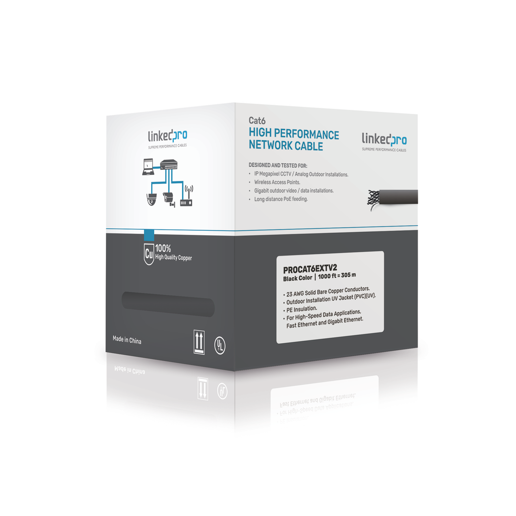 Bobina de Cable de 305 Metros (1000 Pies) Cat6+ Calibre 23 Exterior Blindado Tipo FTP para Climas Extremos, UL, Color Negro (Carrete Easy Pull) - LINKEDPRO BY EPCOM PRO-CAT-6-EXT-V2