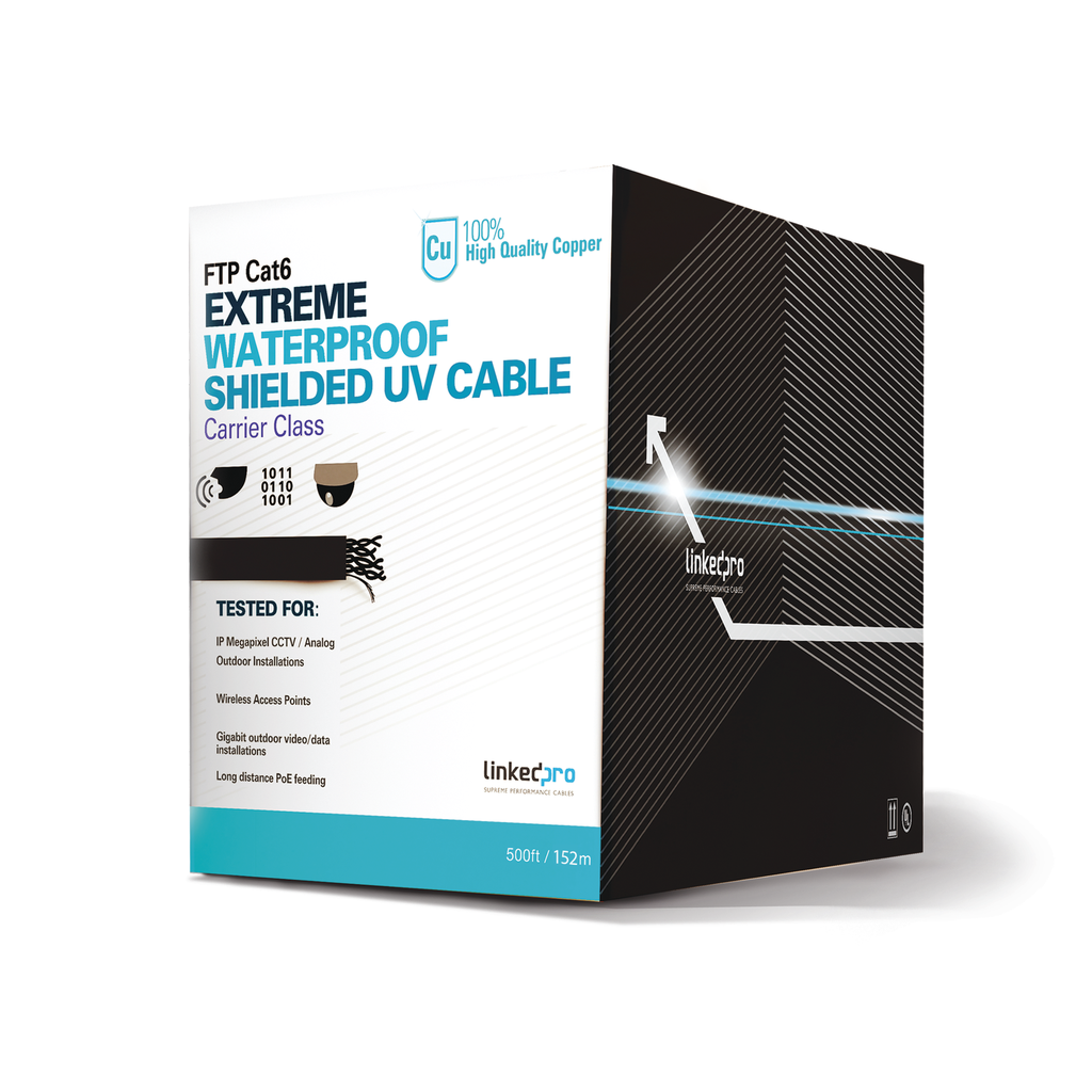 Bobina de 152.5 Metros (500 Pies) Cat6+ Calibre 23 Exterior Blindado Tipo FTP Para Climas Extremos, UL Para Aplicaciones de Video Vigilancia y Redes de Datos. Para Uso en Intemperie. - LINKEDPRO BY EPCOM PRO-CAT-6-EXT-500