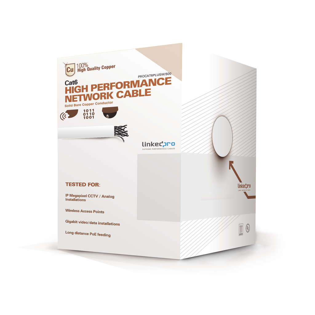 Bobina de Cable de 152 Metros (500 Pies) Cat6+ Calibre 23 Alto Desempeño, Super Flexible, UL, Color Blanco, para Aplicaciones de Video Vigilancia y Redes de Datos - LINKEDPRO BY EPCOM PRO-CAT-6-PLUS-W-500
