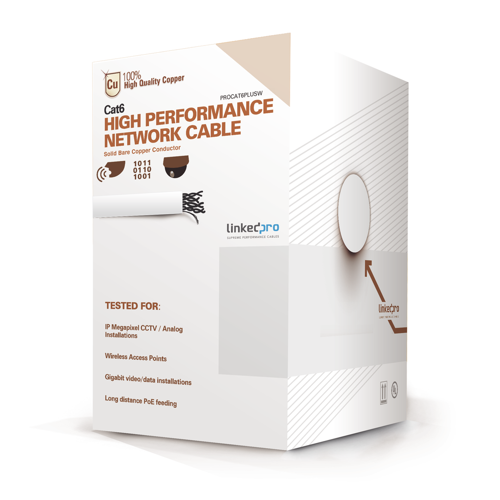 Bobina de Cable de 305 Metros (1000 Pies) de Cable Cat6 de Alto Desempeño, Super Flexible, UL, Cobre, Color Blanco, para Aplicaciones de Video Vigilancia y Redes de Datos - LINKEDPRO BY EPCOM PRO-CAT-6-PLUSW