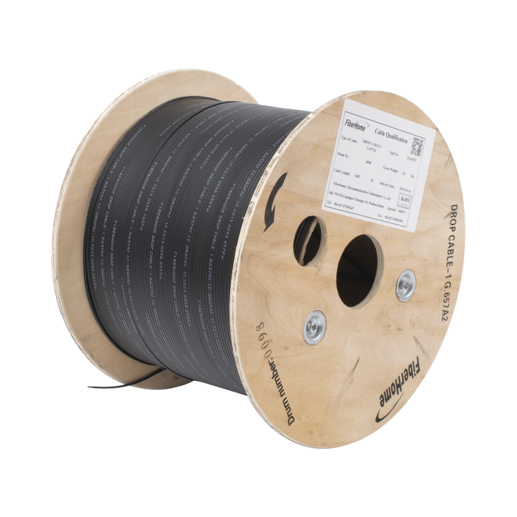 Carrete de 1 km de Fibra Óptica Drop, Interior/Exterior G.657A2 Monomodo de 1 Hilo (Unifibra), Dieléctrica, Forro Negro - LINKEDPRO BY FIBERHOME IC-DROPA2-1C