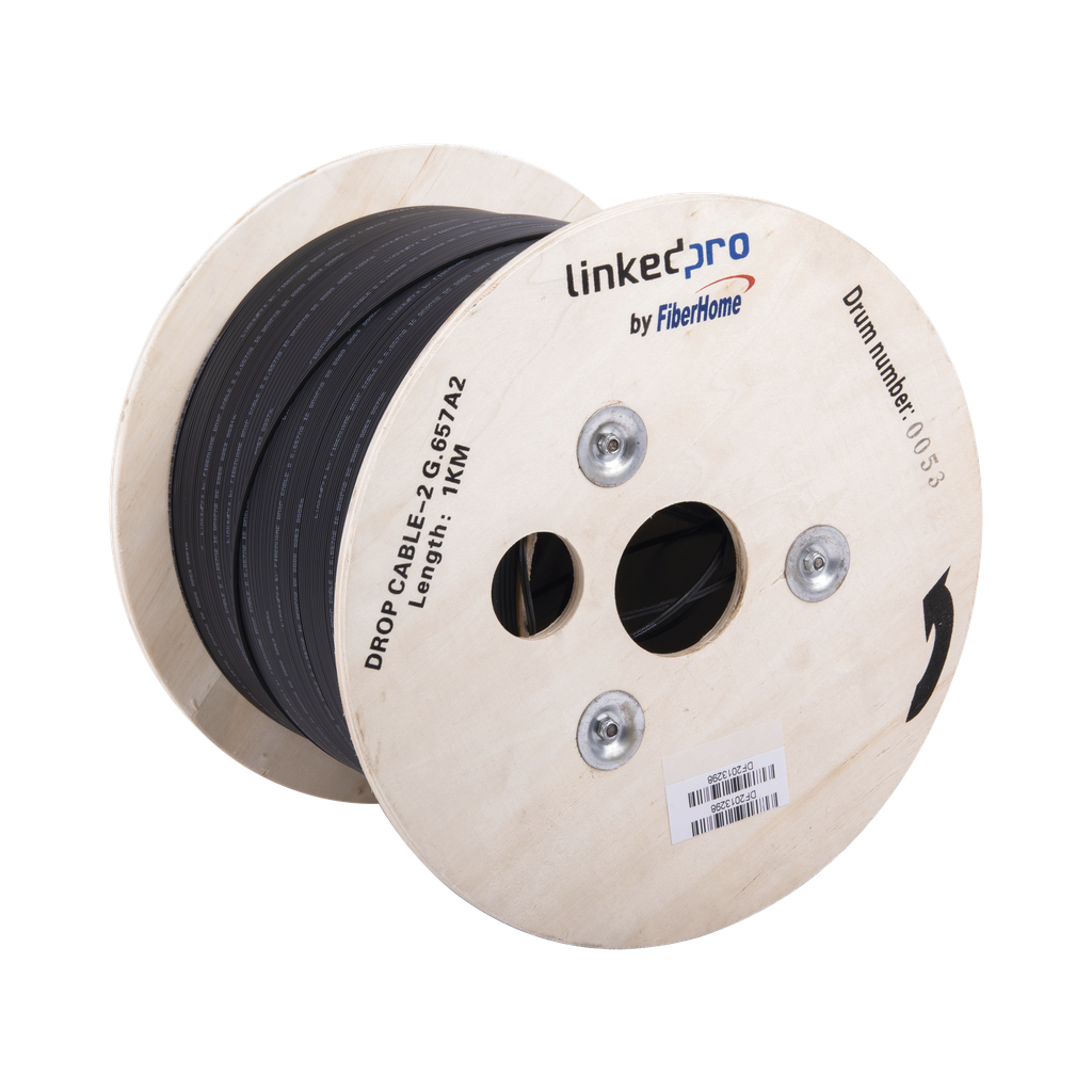 Carrete de 1 km de Fibra Óptica Drop, Interior/Exterior G.657A2 Monomodo de 2 Hilos (Bifibra), Diseñada para Fusionarse, Dieléctrica, Forro Negro, (No Soporta Conectores Mecánicos) - LINKEDPRO BY FIBERHOME IC-DROPA2-2C