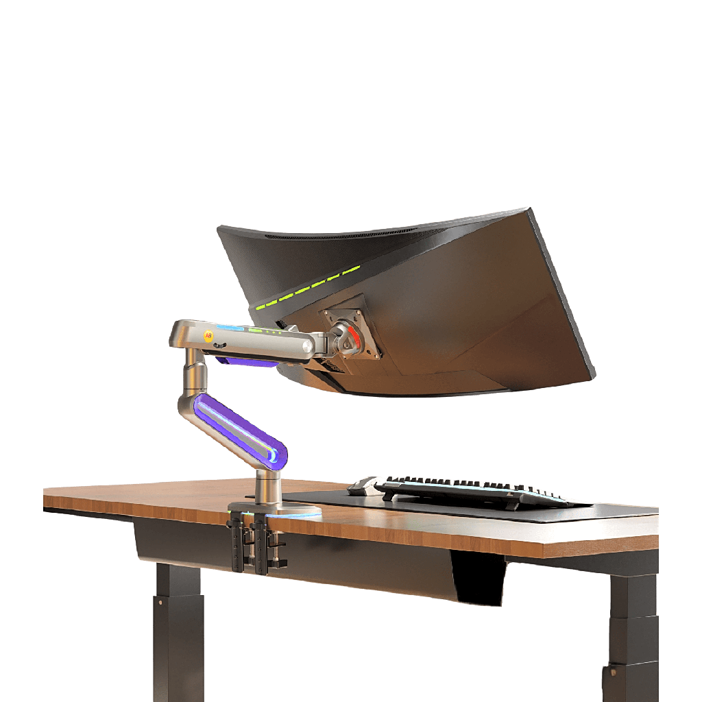 Montaje de Escritorio Ideal Para Monitores Gaming  de  32"- 60" / Capacidad de Carga Maxima 20 Kg / Vesa 75 x 75 -  100 x 100 / Acero / Giro 360∞ / Color Carbon Mate  con Cubierta  Plastica Color Morado /  Iluminacion RGB