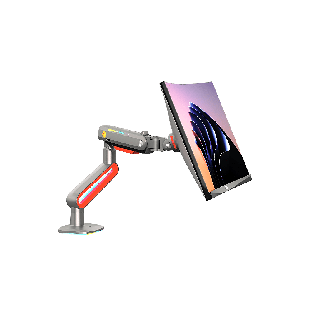 Montaje de Escritorio Ideal Para Monitores Gaming  de  32"- 60" / Capacidad de Carga Maxima 20 Kg / Vesa 75 x 75 -  100 x 100 / Acero / Giro 360∞ / Color Carbon Mate  con Cubierta  Plastica Color Rojo /  Iluminacion RGB