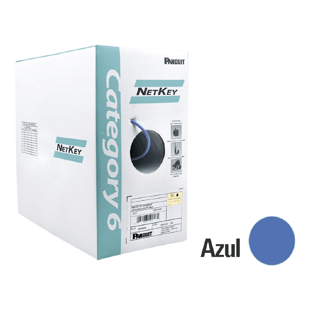 Bobina de Cable UTP 305 Metros (1000 Pies) de Cobre, NetKey, Azul, Categoría 6 (24 AWG), 1000Mbps, Riser (CMR), de 4 Pares - PANDUIT NUR6C04BU-M