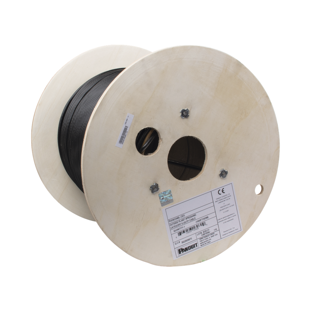 Bobina de Cable UTP de 4 Pares, PanNet, Para Exterior con Gel, Cat6 (23 AWG), Industrial para Climas Extremos, Color Negro, 305 Metros (1000 Pies)