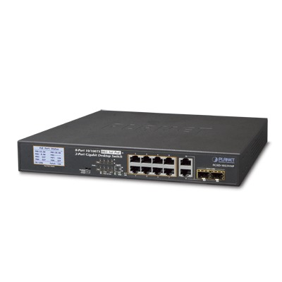 Switch PoE+ / Distancia 250 Metros / 8 Puertos + 2 Combo TP/SFP Gigabit y Pantalla LCD Para Monitoreo - PLANET FGSD-1022VHP