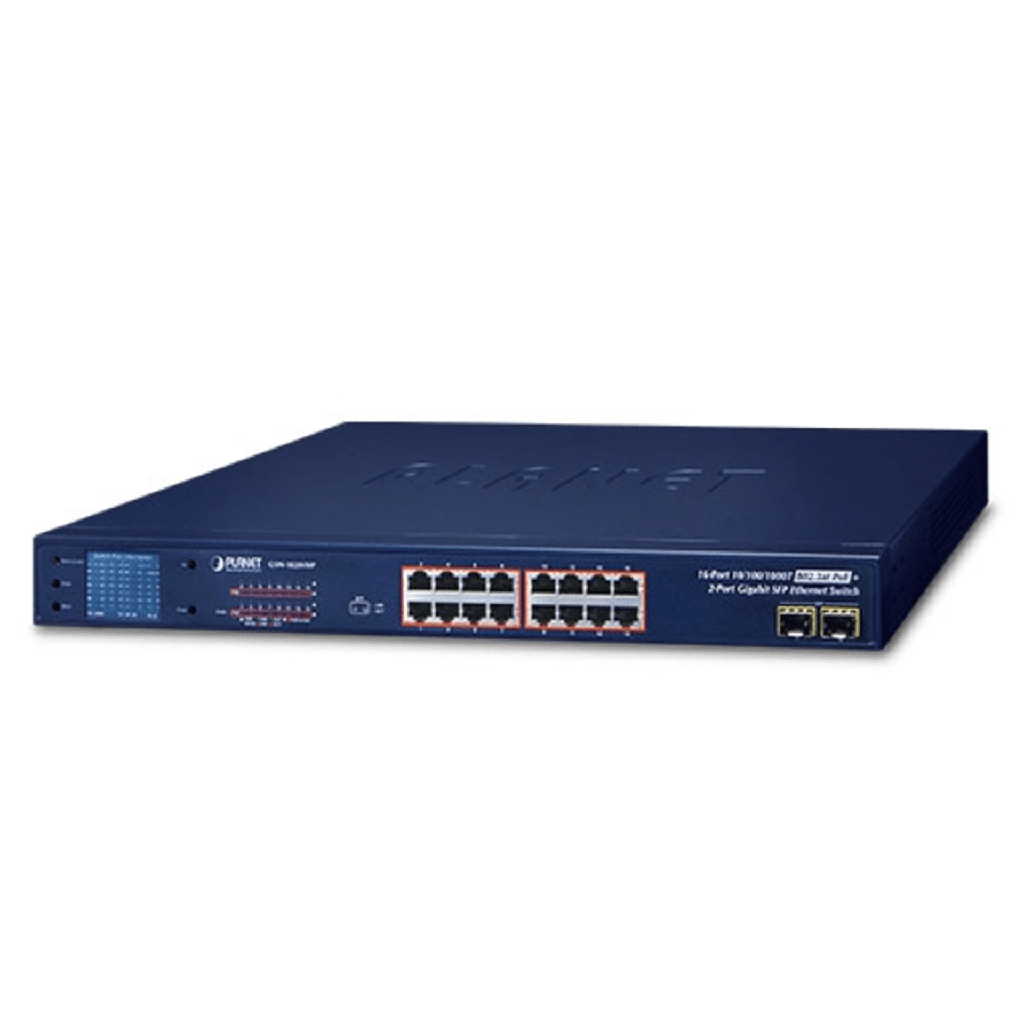 Switch No Administrable PoE+ Extender, Aislamiento VLAN de 16 Puertos Gigabit +, 2 Combo TP/SFP y Pantalla - PLANET GSW-1820VHP