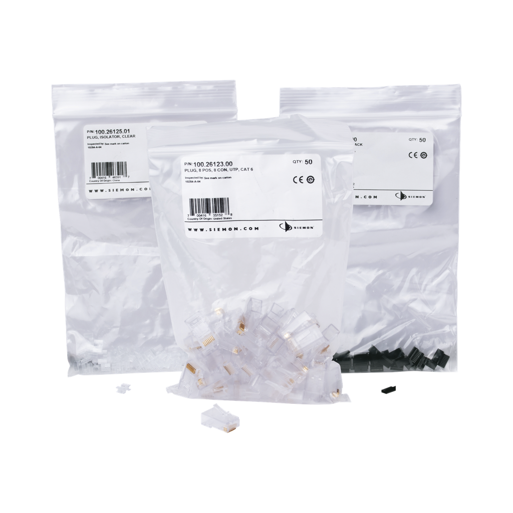 Plug RJ45 Cat6, Para Cable UTP Calibre 23 a 26 AWG, Chapado en Oro de 50 Micras, Bolsa con 50 Piezas - SIEMON P6U-8-8