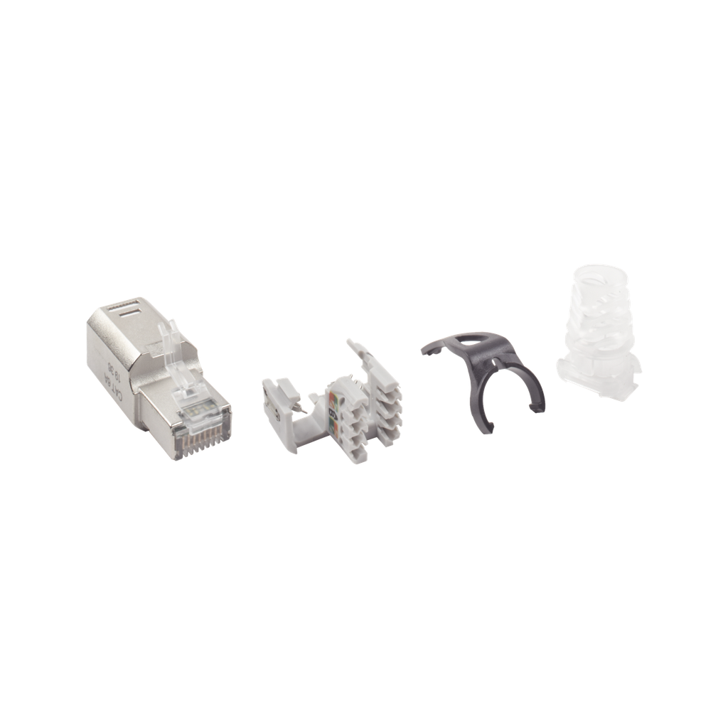 Plug RJ45 Cat6A Blindado, Terminacion en Campo, Compatible con Todas las Categorias, con Clip Protector de Seguro